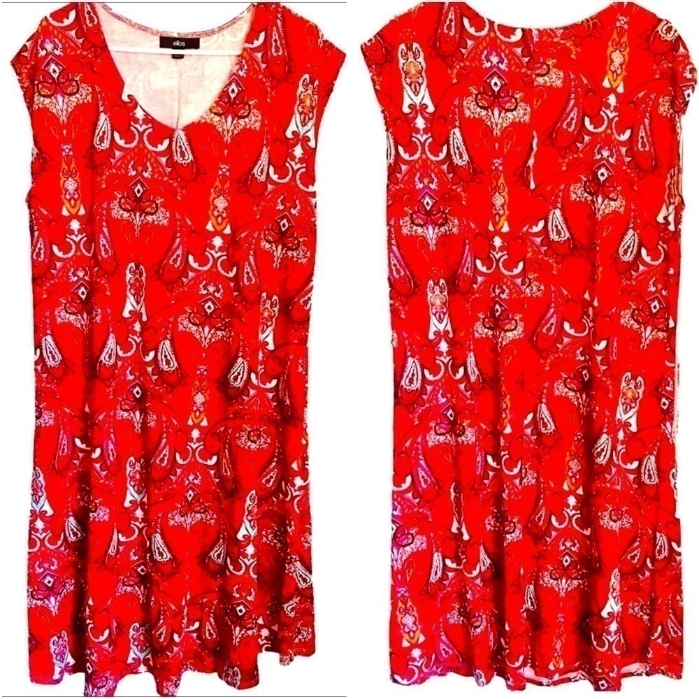 ELLOS Red Paisly Shift Dress Capped Sleeves Scoop Neck 100 Viscose Knee Length M